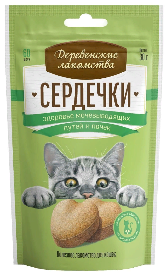 Лакомство для кошек Деревенские лакомства Сердечки здоровья мочевыводящих путей и почек 30 г