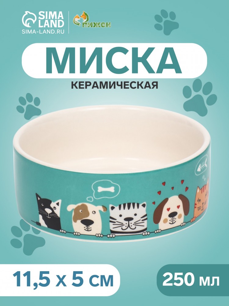 Миска &laquo;Кошки-собаки&raquo;, 250 мл, 11.5&times;11.5&times;5 см, керамика, голубая, белая