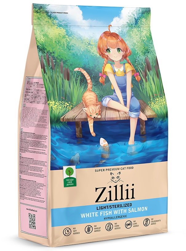 Корм ZILLII Light/Sterilized Сухой корм для взрослых кошек с избыточным весом и стерилизованных Белая Рыба с Лососем