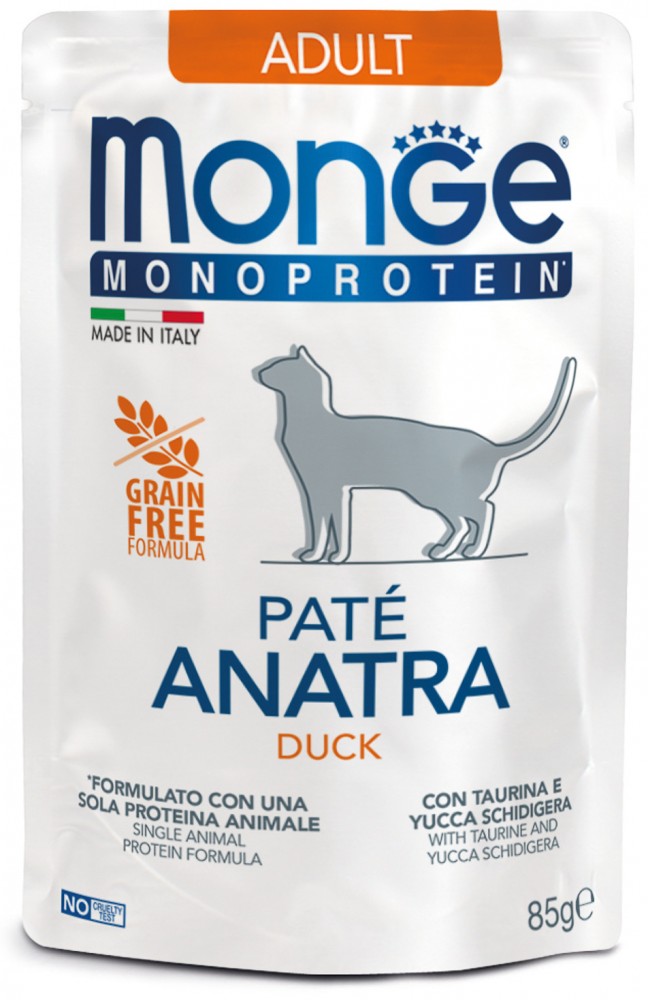 Влажный корм Monge Cat Monoprotein для взрослых кошек, из утки, паучи 85 г