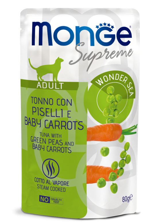 Влажный корм Monge Supreme Adult cat для взрослых кошек с зелёным горошком и мини-морковью, паучи 80 г