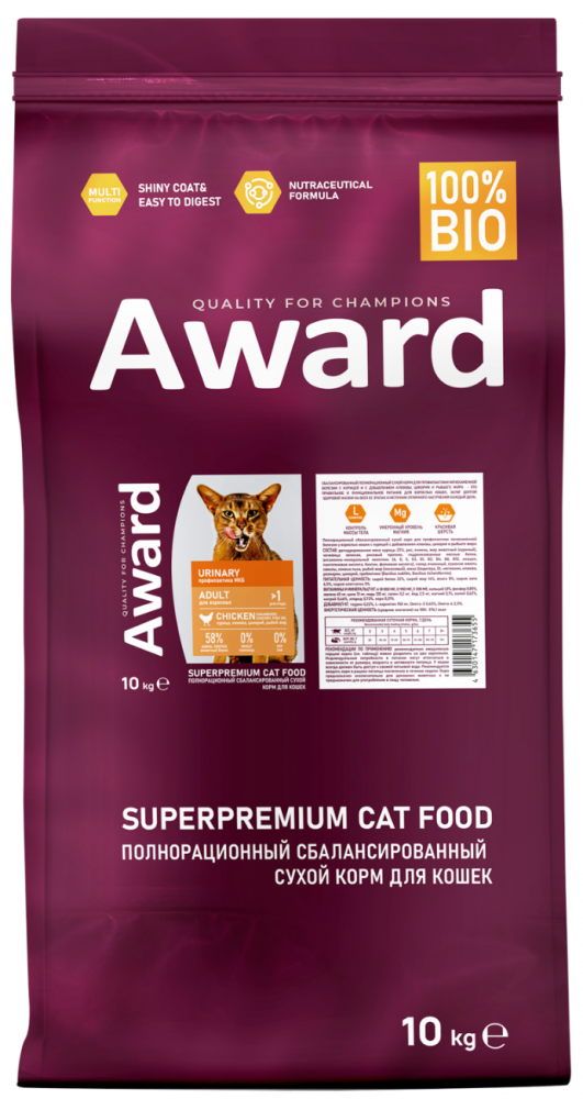 Сухой корм AWARD Urinary для взрослых кошек для профилактики мочекаменной болезни с курицей с добавлением клюквы, цикория и рыбьего жира