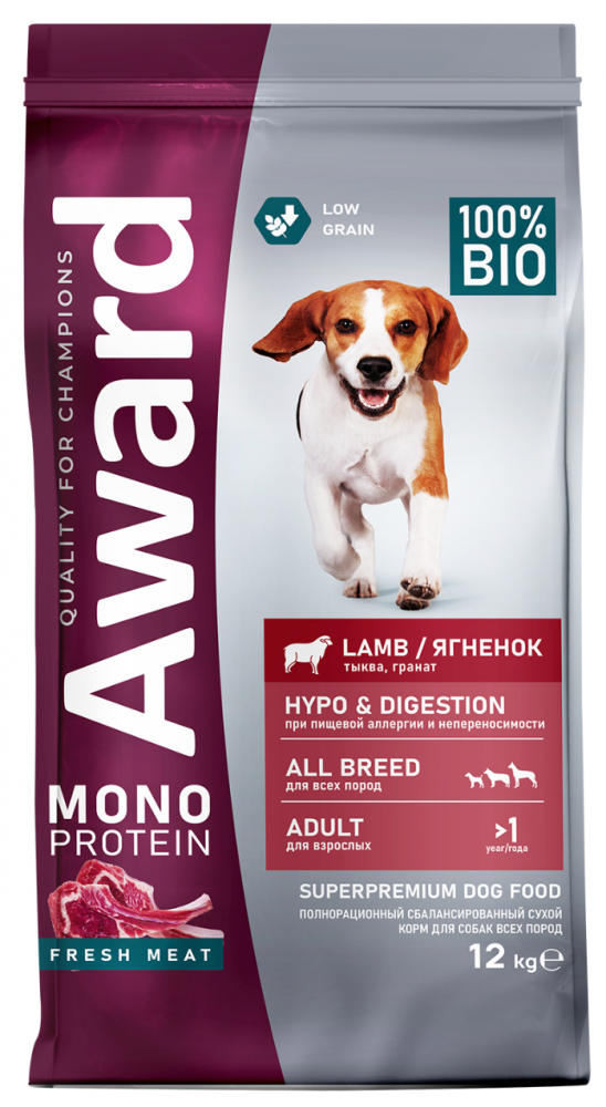 Корм Award Monoprotein Медиум/Макси из ягненка с добавлением тыквы и граната собак всех пород