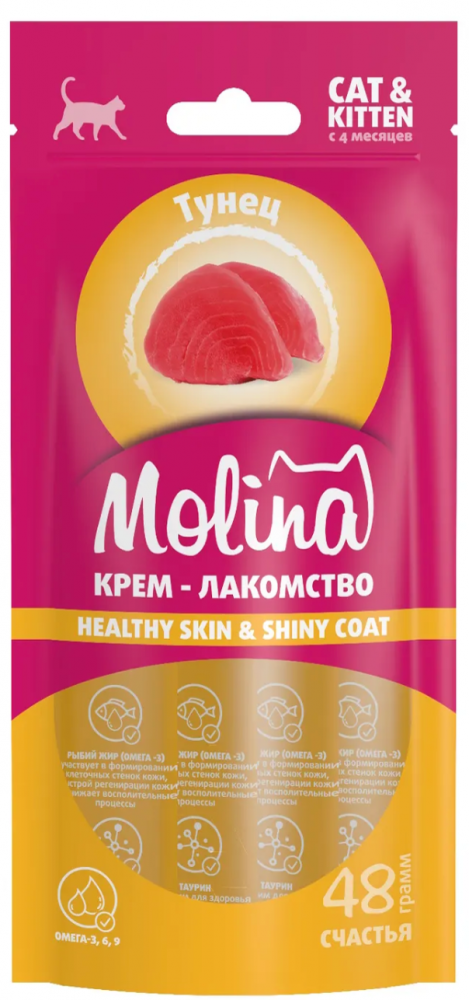Крем-лакомство Molina с тунцом здоровая кожа и шерсть для кошек 48 г