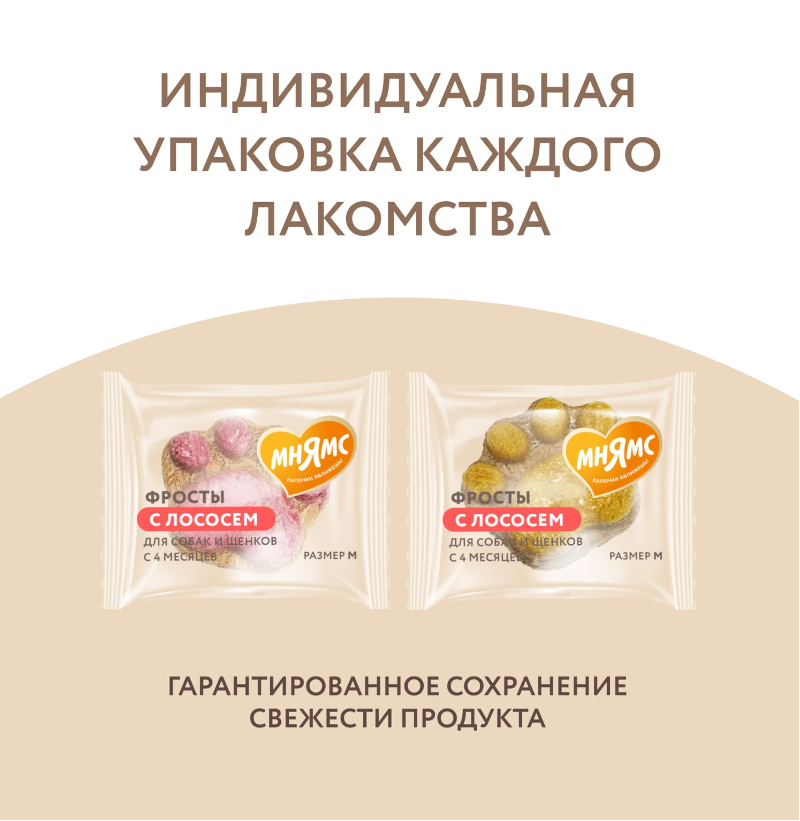 Лакомство Мнямс для собак и щенков с 4 месяцев "Фросты" с лососем. Размер М (24шт).